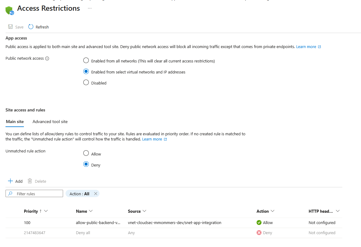 App Service access restriction rule in the Azure Portal — source set to the app integration subnet