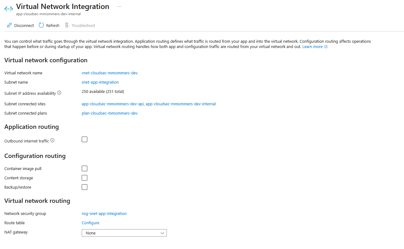 App Service VNet integration configured in the Azure Portal