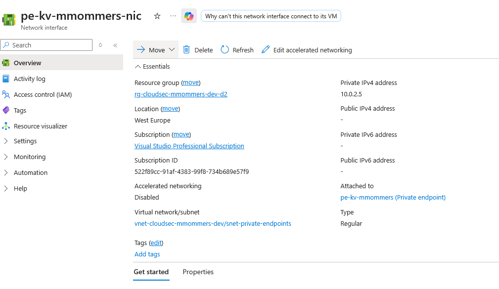 Key Vault networking settings — public network access set to Disabled