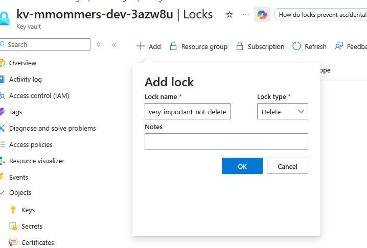 Adding a Delete lock to a resource in the Azure Portal