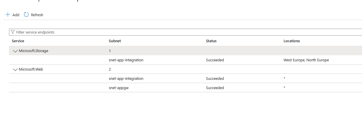 VNet subnet settings — service endpoint for Microsoft.Storage enabled
