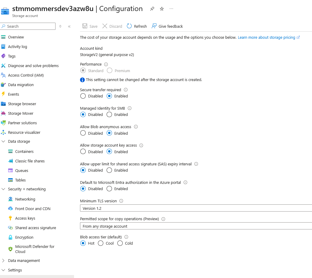 Storage Account configuration settings — HTTPS only, minimum TLS version, and Shared Key access toggle