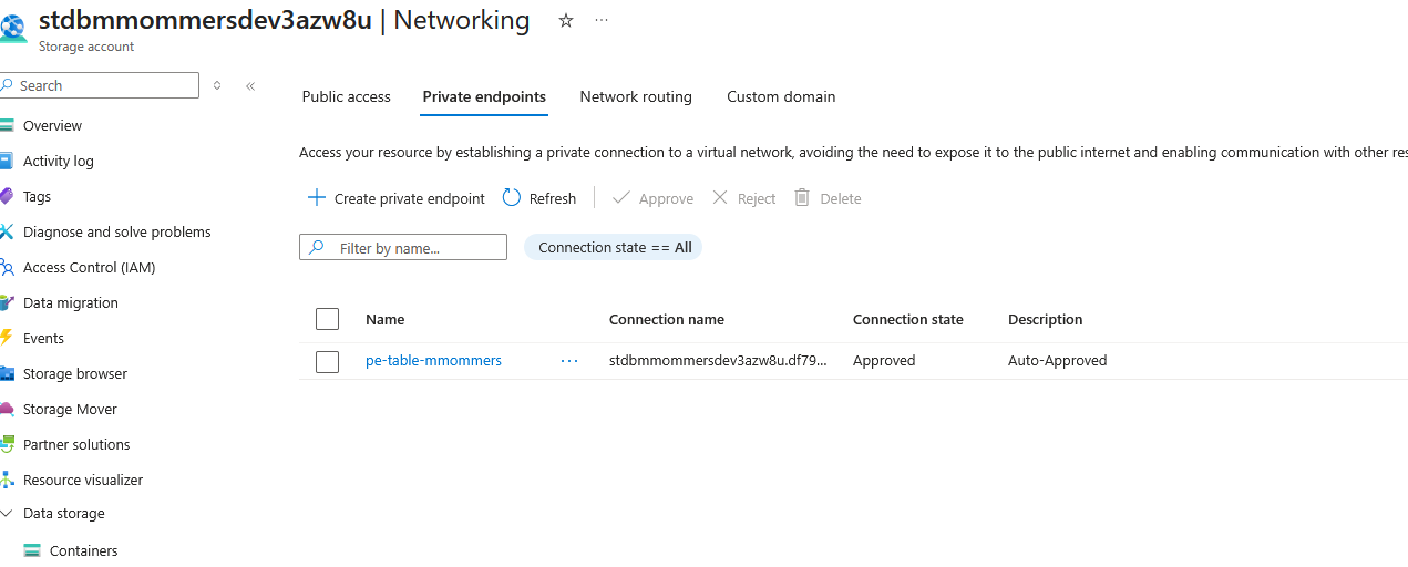 Table Storage private endpoint — NIC with private IP visible in the Azure Portal