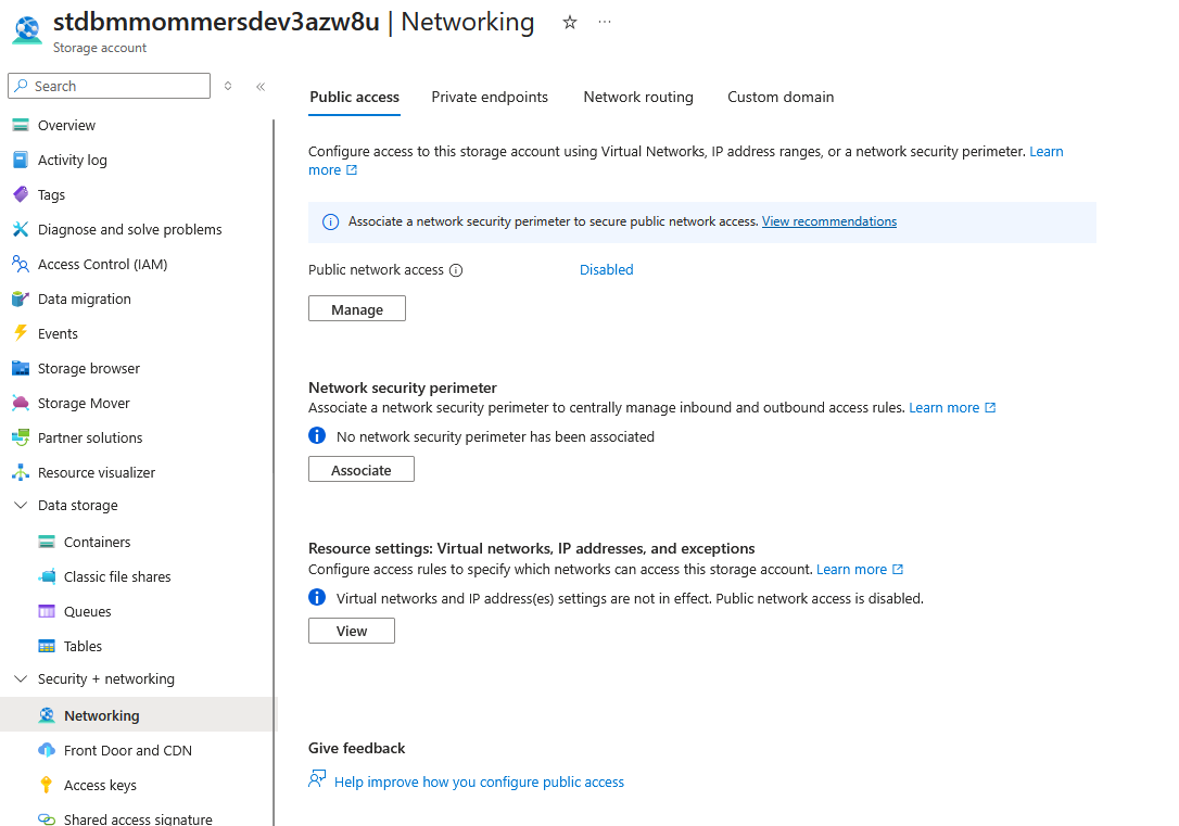 Storage account networking settings — public network access set to Disabled