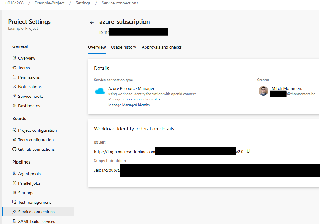 Azure DevOps service connection configuration showing service principal details